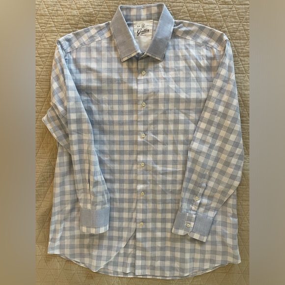Gallia Made in Italy Check Print Spread Collar Shirt in Blue Size 44/17 1/2 $395 - Picture 2 of 9